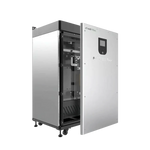 A silver and black Fortress Power electronic cabinet stands on four wheels with its door open, showing internal components. The front panel features a screen and the words “Fortress Power eVault Max”; this unit is an LFP battery energy storage system.