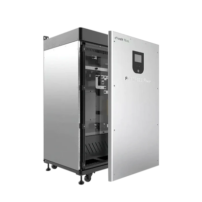 A silver and black Fortress Power electronic cabinet stands on four wheels with its door open, showing internal components. The front panel features a screen and the words “Fortress Power eVault Max”; this unit is an LFP battery energy storage system.