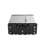 A black and silver rectangular Fortress Power eFlex 5.4kWh lithium iron phosphate battery features front ports, a switch, LED indicators, and labeled terminals for easy energy storage identification.