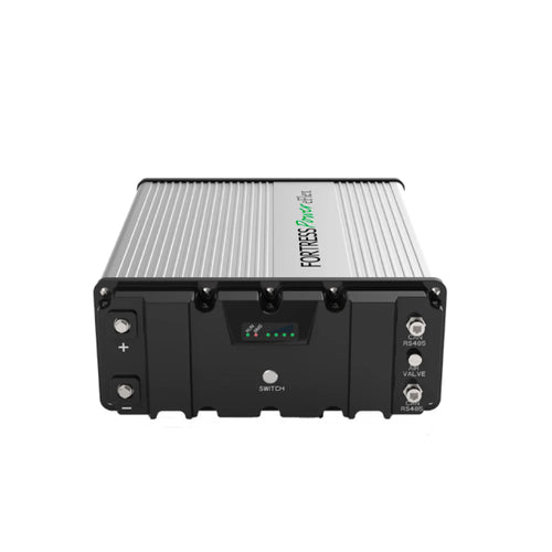 A black and silver rectangular Fortress Power eFlex 5.4kWh lithium iron phosphate battery features front ports, a switch, LED indicators, and labeled terminals for easy energy storage identification.