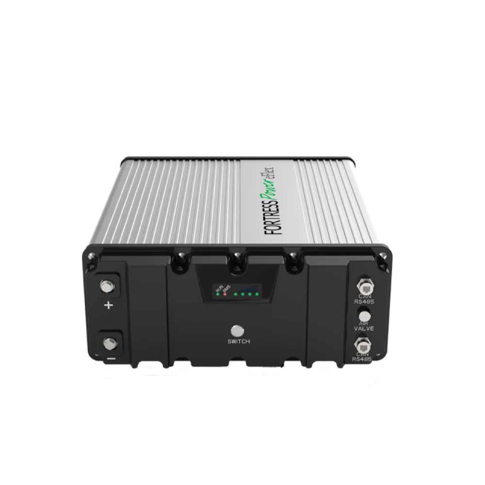 A black and silver rectangular Fortress Power eFlex 5.4kWh lithium iron phosphate battery features front ports, a switch, LED indicators, and labeled terminals for easy energy storage identification.