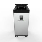 A tall, rectangular Fortress Power eVault Max LFP Battery in silver and black with wheels, digital display, and open lid, designed for advanced energy storage, is shown against a plain white background.