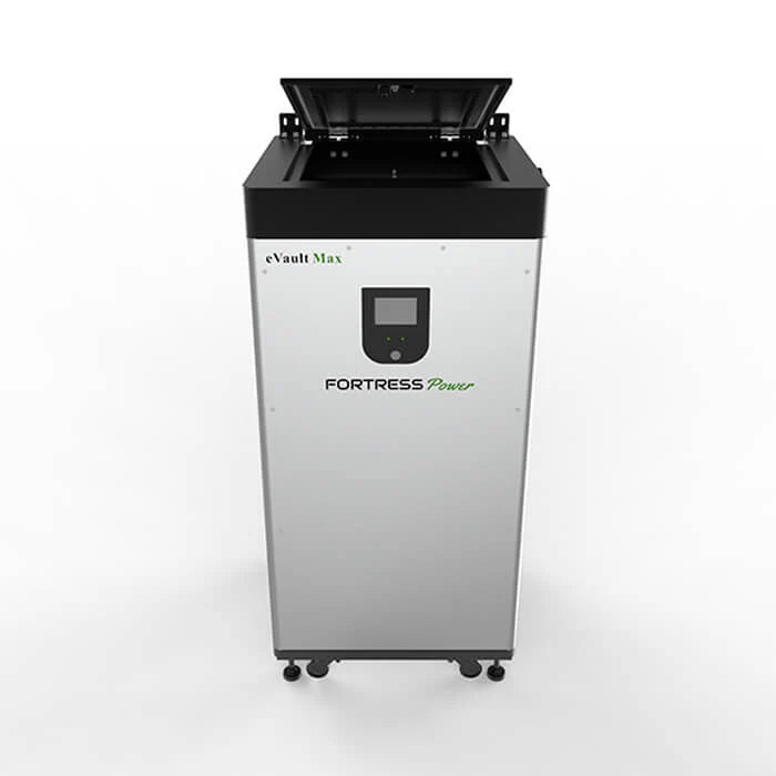 A tall, rectangular Fortress Power eVault Max LFP Battery in silver and black with wheels, digital display, and open lid, designed for advanced energy storage, is shown against a plain white background.