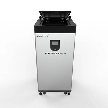 A tall, rectangular Fortress Power eVault Max LFP Battery in silver and black with wheels, digital display, and open lid, designed for advanced energy storage, is shown against a plain white background.