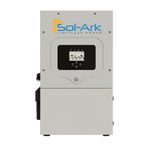 A gray Sol-Ark 12K hybrid inverter features a central touchscreen display showing system info and the Sol-Ark logo with the slogan Limitless Power—an advanced, efficient solar energy management solution from Sol-Ark.