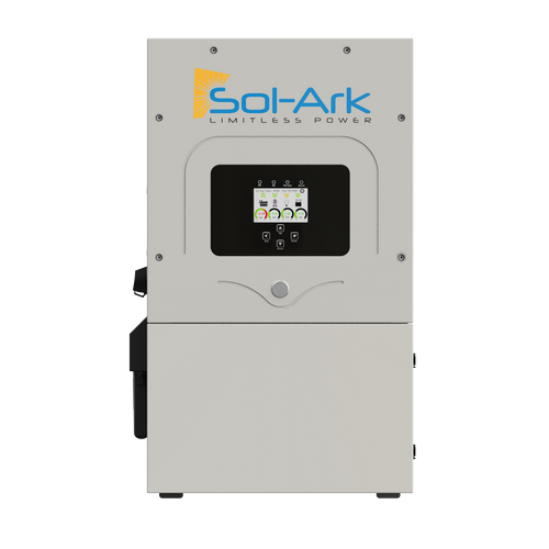 A gray Sol-Ark 12K hybrid inverter features a central touchscreen display showing system info and the Sol-Ark logo with the slogan Limitless Power—an advanced, efficient solar energy management solution from Sol-Ark.