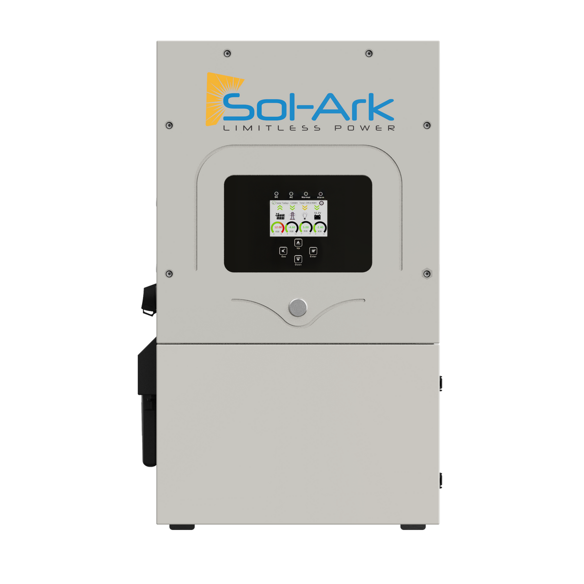 A gray Sol-Ark 12K hybrid inverter features a central touchscreen display showing system info and the Sol-Ark logo with the slogan Limitless Power—an advanced, efficient solar energy management solution from Sol-Ark.