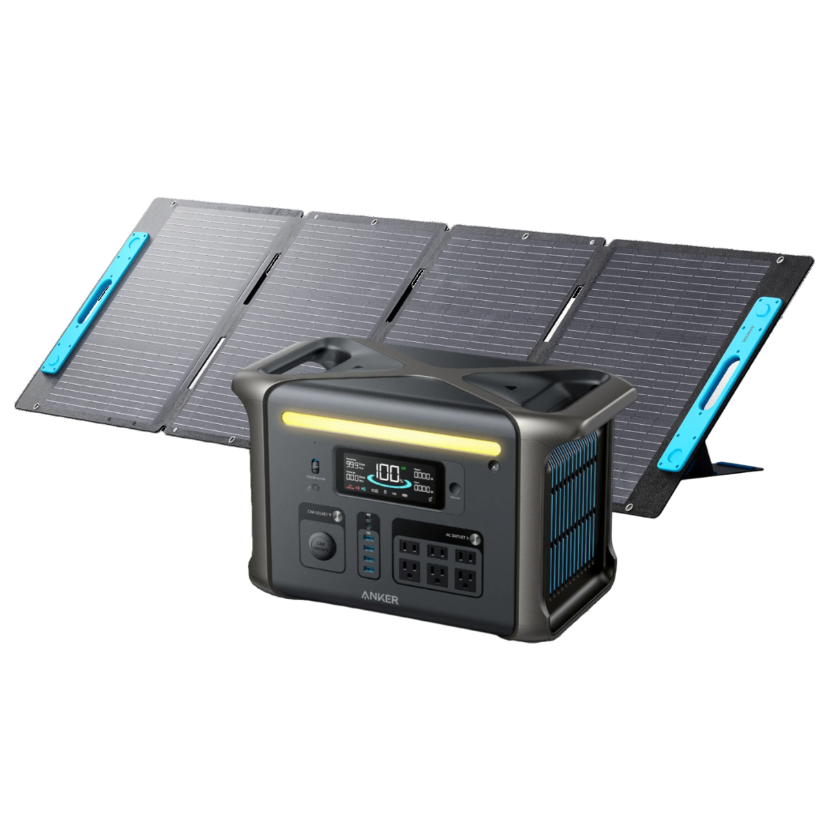 An Anker portable power generator with HyperFlash technology and a digital display is set in front of a four-panel foldable solar array, both built for outdoor or emergency use.
