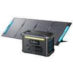 An Anker SOLIX F1500 portable power station with a digital display sits before four connected solar panels, delivering ultra-fast recharging for off-grid device charging and power.