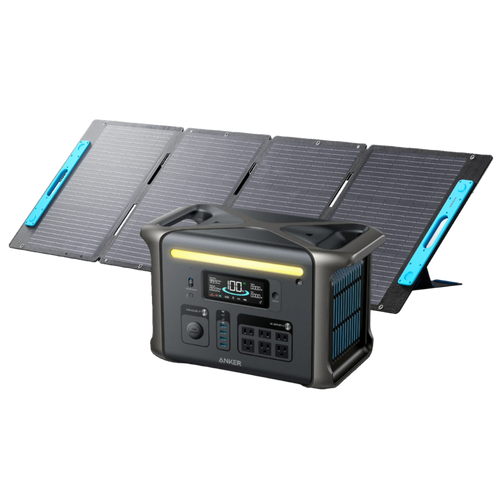 An Anker SOLIX F1500 portable power station with a digital display sits before four connected solar panels, delivering ultra-fast recharging for off-grid device charging and power.