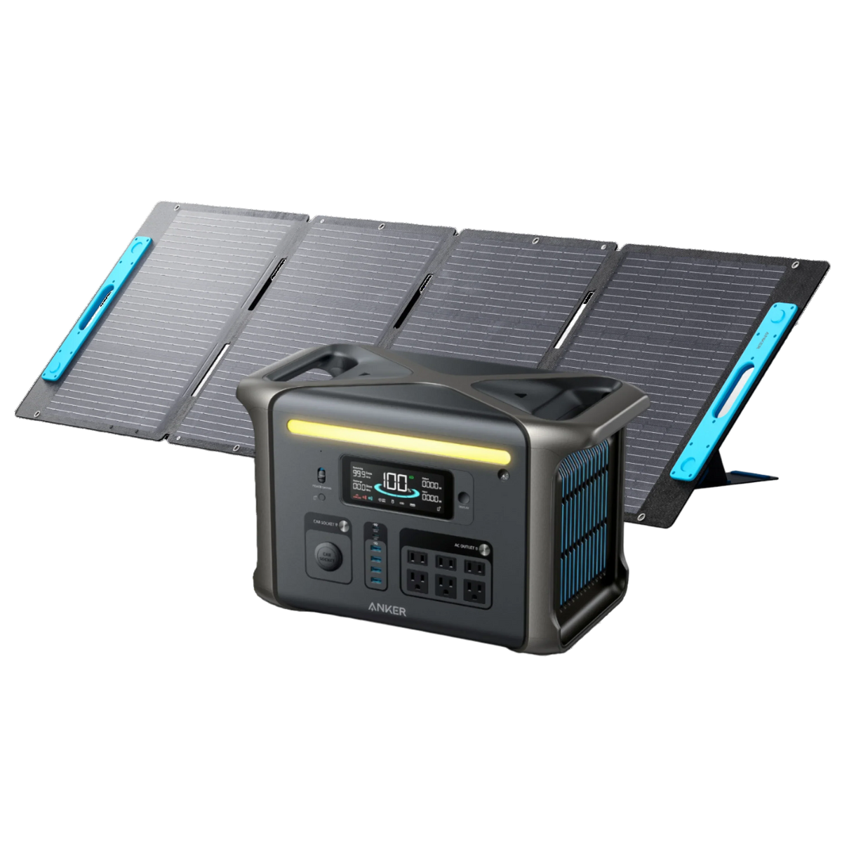 An Anker SOLIX F1500 portable power station with a digital display sits before four connected solar panels, delivering ultra-fast recharging for off-grid device charging and power.