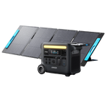 The Anker portable power station features a digital display, multiple charging ports, an LFP battery for durability, and solar input for efficient charging. Its shown in front of a four-section foldable solar panel.