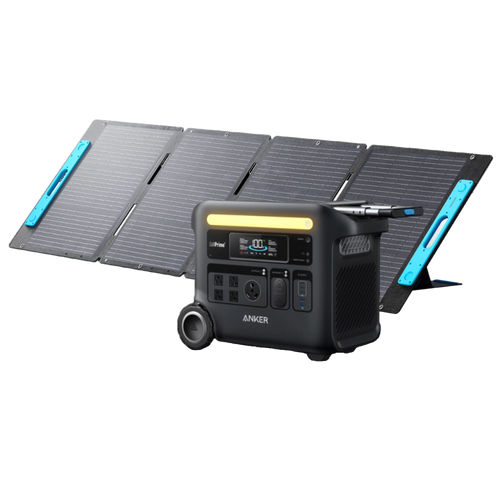 The Anker portable power station features a digital display, multiple charging ports, an LFP battery for durability, and solar input for efficient charging. Its shown in front of a four-section foldable solar panel.