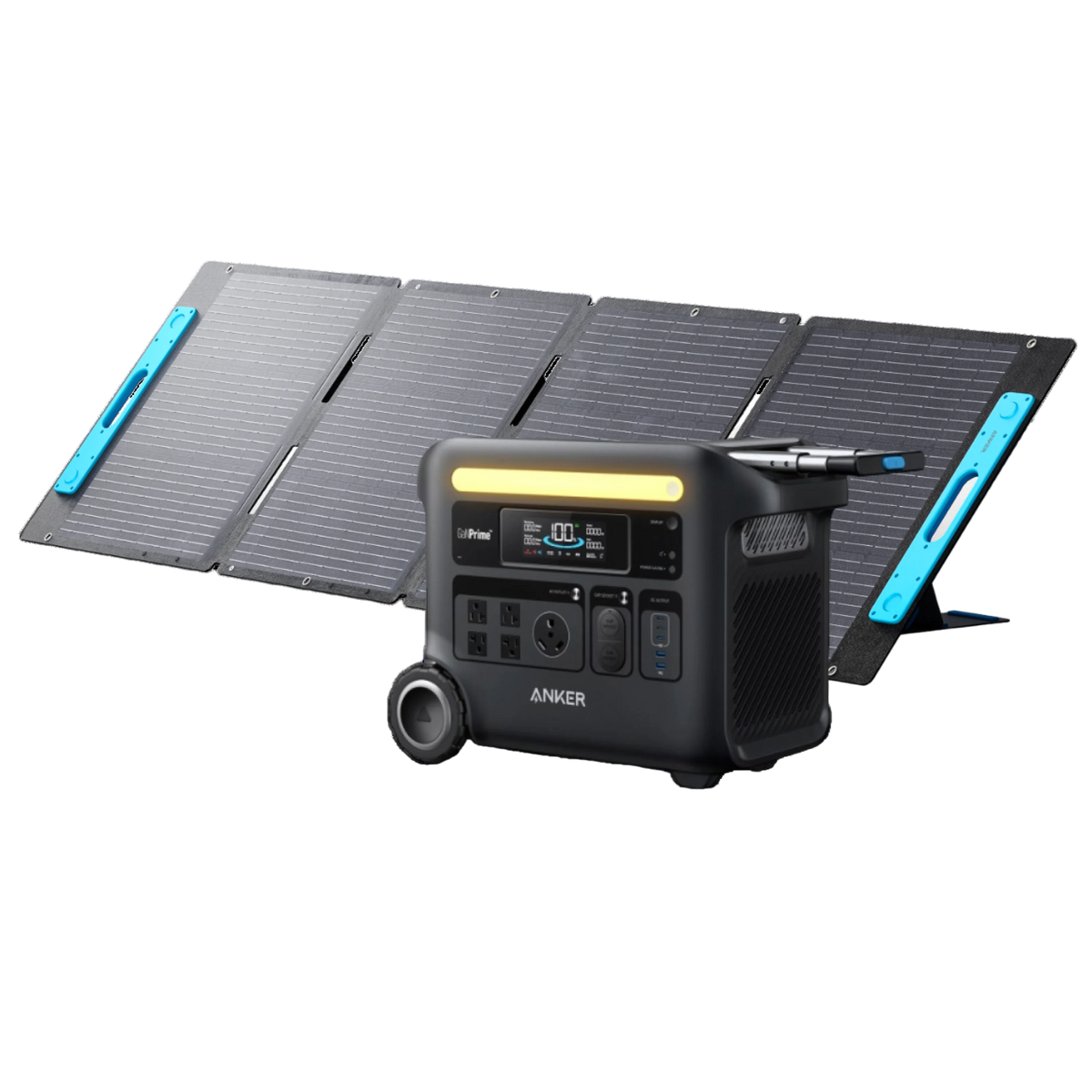 The Anker portable power station features a digital display, multiple charging ports, an LFP battery for durability, and solar input for efficient charging. Its shown in front of a four-section foldable solar panel.