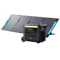 The Anker portable power station features a digital display, multiple charging ports, an LFP battery for durability, and solar input for efficient charging. Its shown in front of a four-section foldable solar panel.