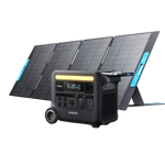 An Anker Solix F2600 portable power station, featuring a display screen and multiple charging ports, is displayed in front of a foldable four-panel solar panel.