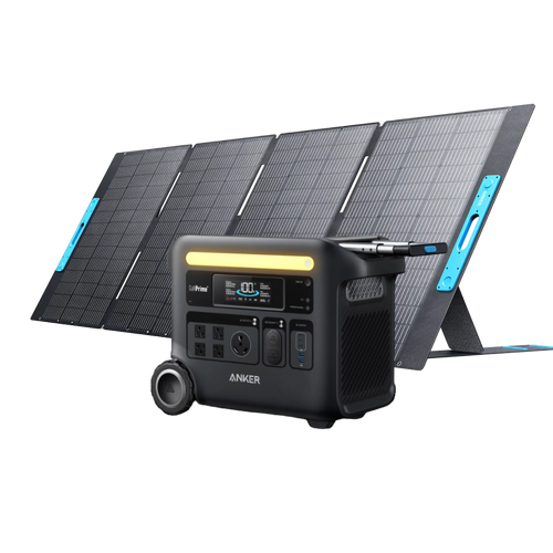 An Anker Solix F2600 portable power station, featuring a display screen and multiple charging ports, is displayed in front of a foldable four-panel solar panel.