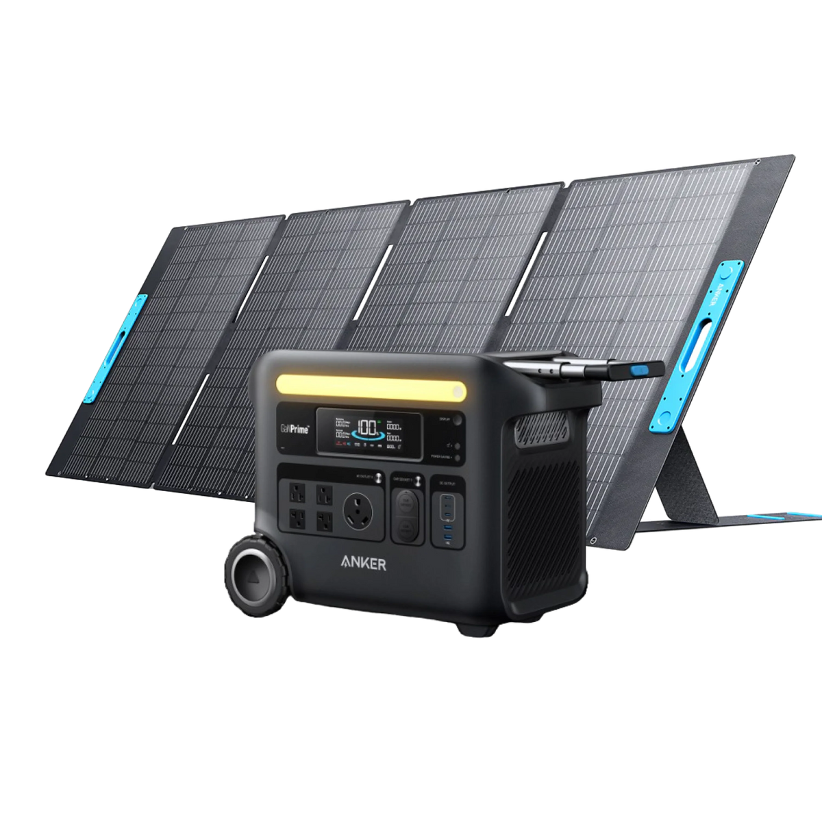An Anker Solix F2600 portable power station, featuring a display screen and multiple charging ports, is displayed in front of a foldable four-panel solar panel.