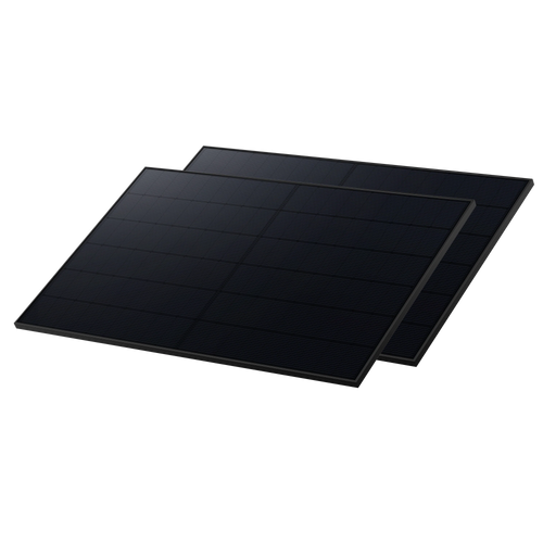 Two black Anker high-efficiency solar panels overlap at a slight angle on a transparent background, displaying a grid of photovoltaic cells—perfect for off-grid energy solutions.