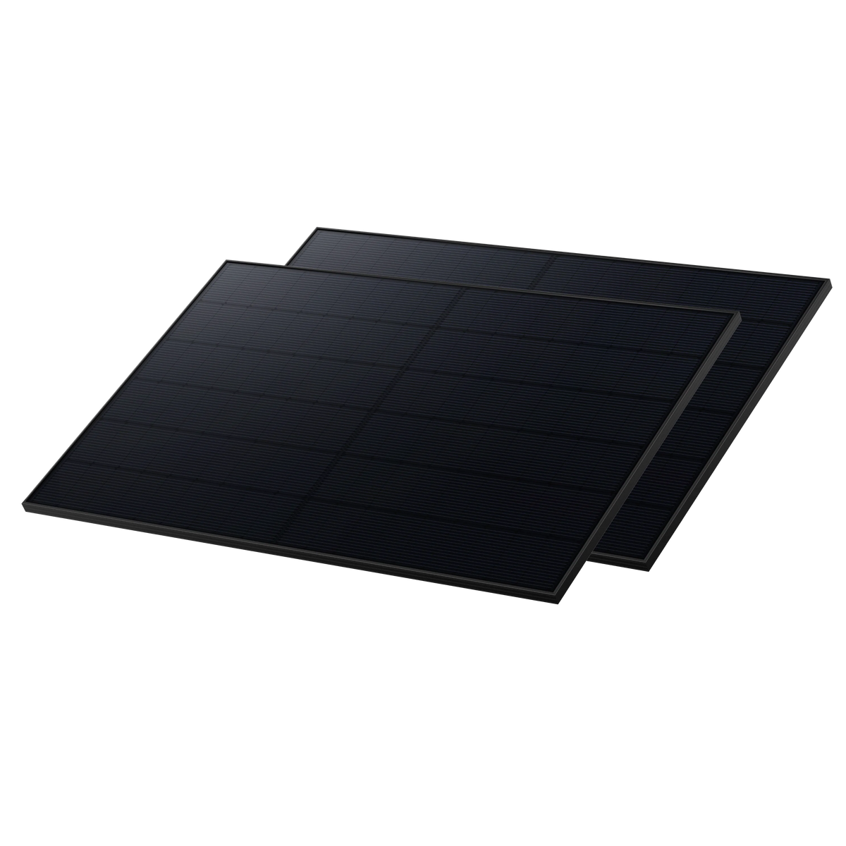 Two black Anker high-efficiency solar panels overlap at a slight angle on a transparent background, displaying a grid of photovoltaic cells—perfect for off-grid energy solutions.