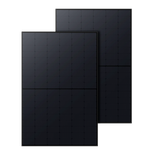 Two Anker black rectangular high-efficiency solar panels with a grid-like pattern are positioned side by side, slightly overlapping against a plain background.