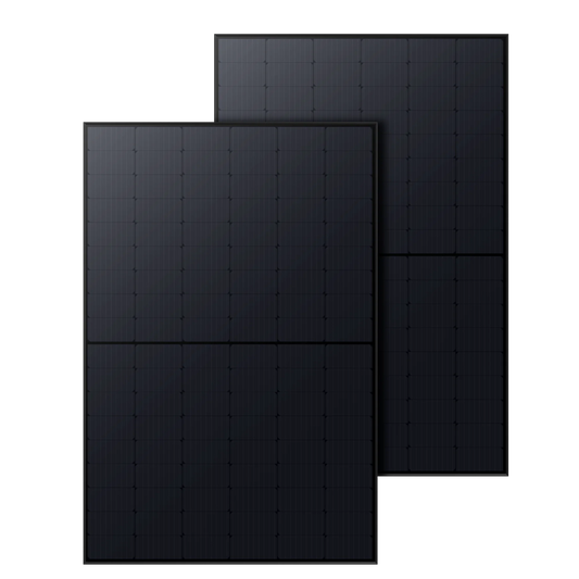 Two Anker black rectangular high-efficiency solar panels with a grid-like pattern are positioned side by side, slightly overlapping against a plain background.