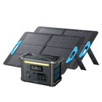 An Anker SOLIX F1500 portable power station with digital display and multiple outlets is positioned in front of two foldable solar panels with blue handles, both standing on stands for ultra-fast recharging.