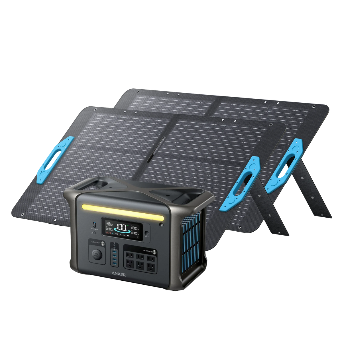 An Anker SOLIX F1500 portable power station with digital display and multiple outlets is positioned in front of two foldable solar panels with blue handles, both standing on stands for ultra-fast recharging.