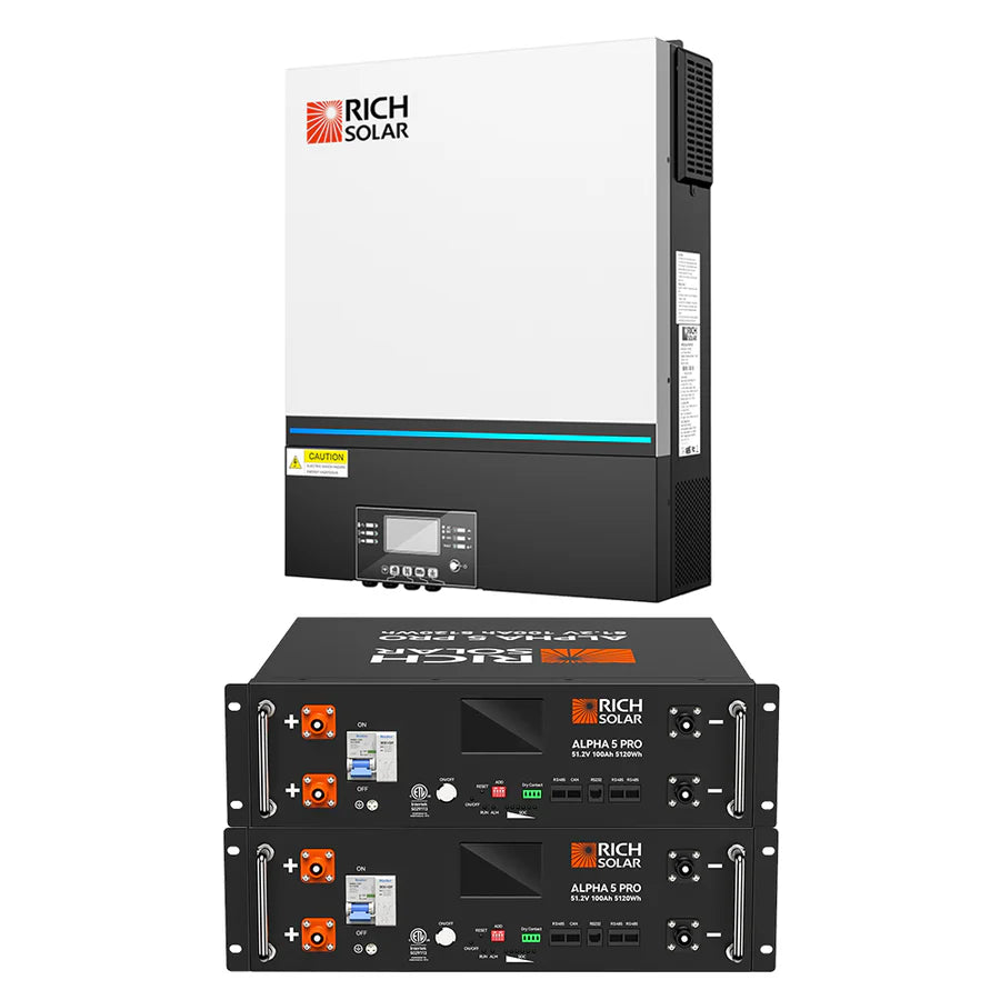 A white Rich Solar pure sine wave inverter is installed above two black battery units, each with front-facing ports, buttons, and a detachable LCD control module for convenient mobile monitoring.