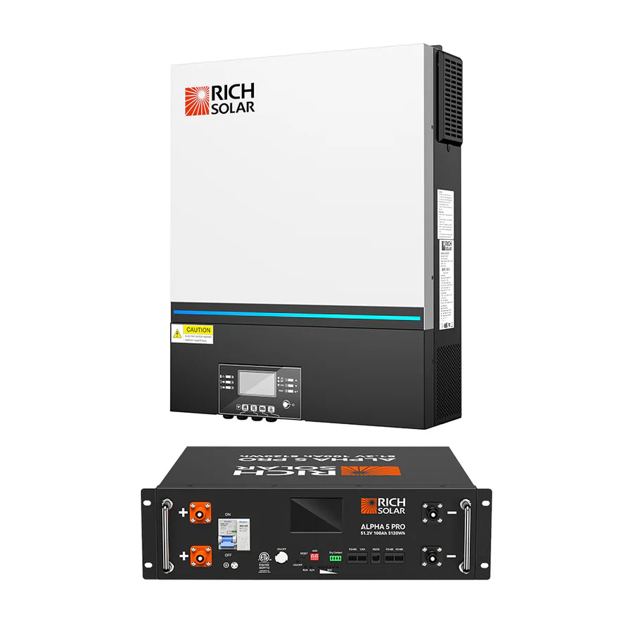 A white and black Rich Solar pure sine wave inverter with a front display and buttons is mounted upright. Below, a black Rich Solar Alpha 15 Pro battery features multiple ports, switches, and indicator lights.