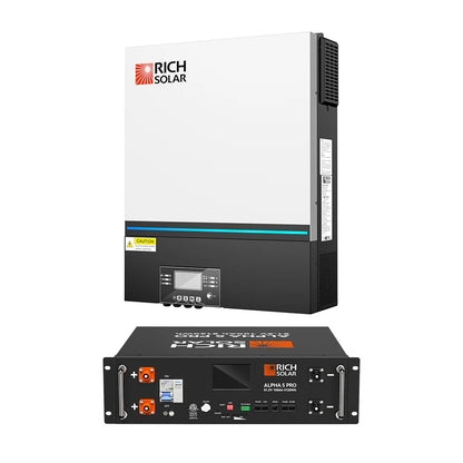 A white and black Rich Solar pure sine wave inverter with a front display and buttons is mounted upright. Below, a black Rich Solar Alpha 15 Pro battery features multiple ports, switches, and indicator lights.