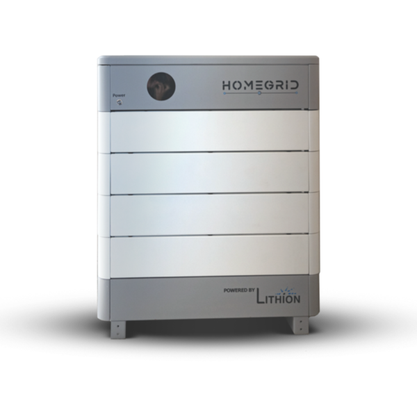 A gray and white Homegrid modular battery system labeled Powered by Lithion stands on four legs with a power indicator, offering expandable full-home backup energy storage.