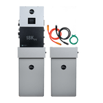 Two tall, rectangular gray EG4 battery units appear next to a black control panel with digital display. Red, black, and green cables are coiled nearby, showcasing a complete EG4 home energy storage system against a white background.
