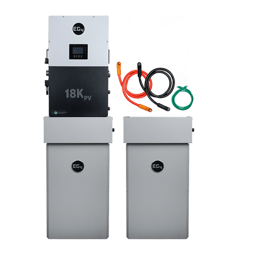Two tall, rectangular gray EG4 battery units appear next to a black control panel with digital display. Red, black, and green cables are coiled nearby, showcasing a complete EG4 home energy storage system against a white background.