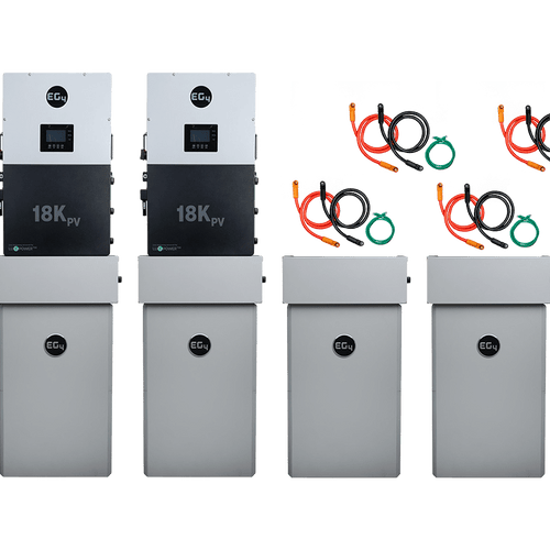 Six EG4 battery storage units, each paired with an 18KPV inverter and connected by overhead power cables, are arranged side by side. This setup provides a high-capacity, efficient off-grid power solution.