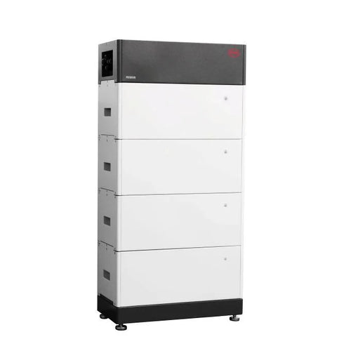 The tall, rectangular BYD modular storage unit features four stacked sections, a dark top panel, black-and-white finish, small adjustable feet, and uses lithium iron phosphate cells.