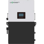 The LUXPower rectangular hybrid inverter features a white top, black bottom, and central digital display with buttons, designed for maximum solar energy efficiency, shown mounted on a plain background.