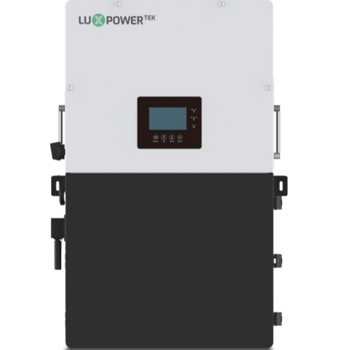 The LUXPower rectangular hybrid inverter features a white top, black bottom, and central digital display with buttons, designed for maximum solar energy efficiency, shown mounted on a plain background.