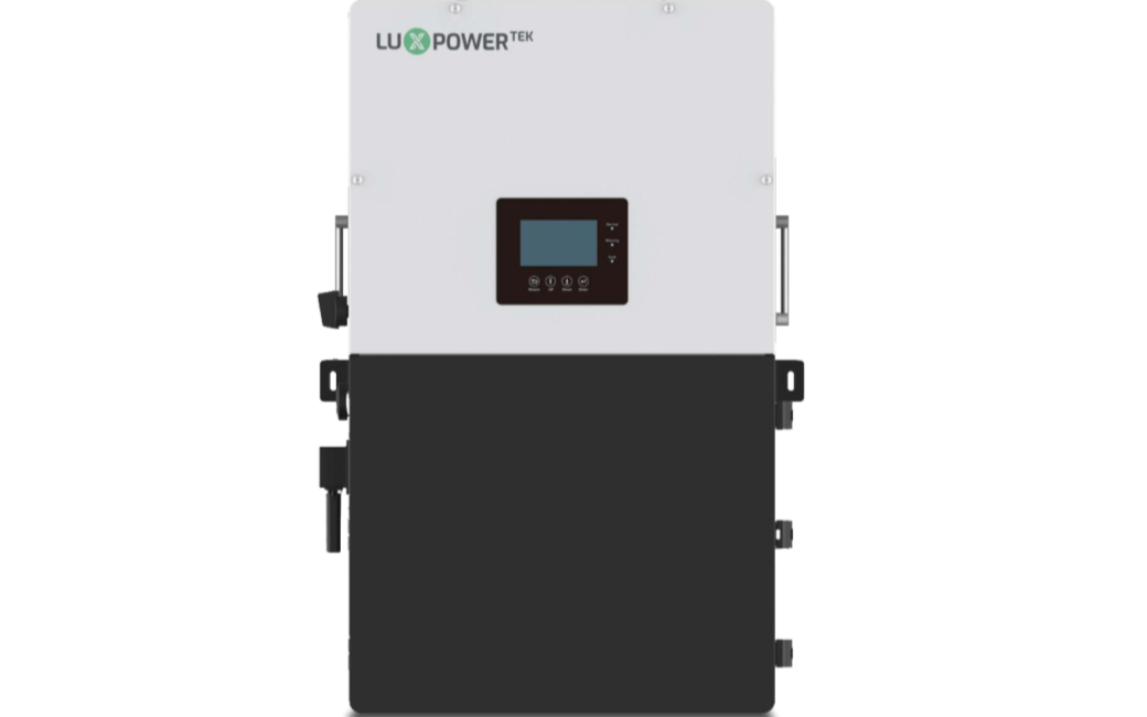 The LUXPower rectangular hybrid inverter features a white top, black bottom, and central digital display with buttons, designed for maximum solar energy efficiency, shown mounted on a plain background.