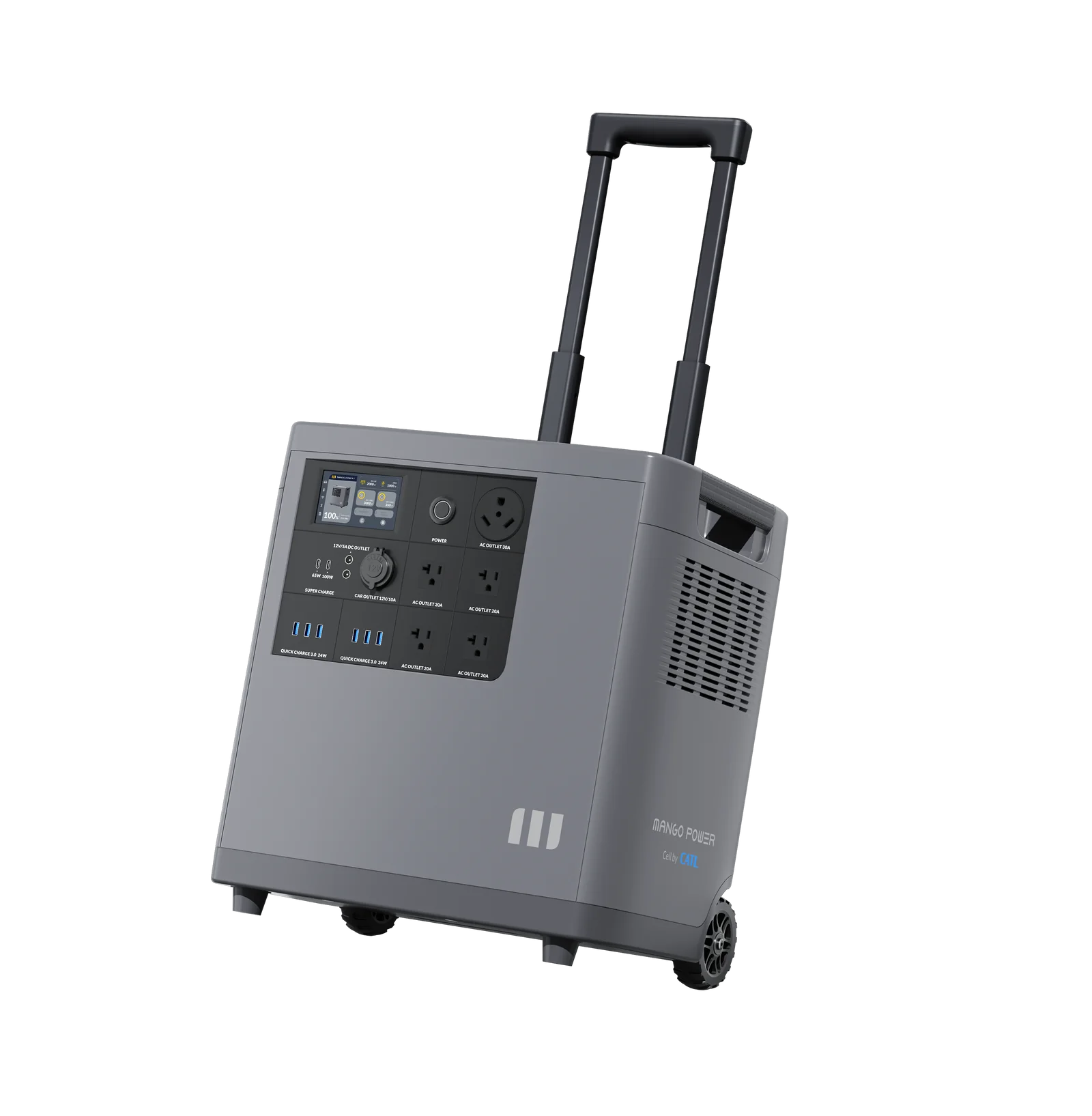 The Mango Power portable gray power station features LFP battery cells, multiple outlets, USB ports, a display screen, vents, and an extended handle with wheels—making it an ideal reliable home backup solution.