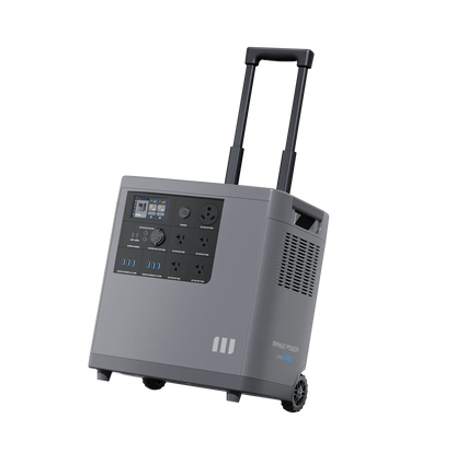 The Mango Power portable gray power station features LFP battery cells, multiple outlets, USB ports, a display screen, vents, and an extended handle with wheels—making it an ideal reliable home backup solution.