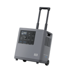 The Mango Power portable power station features LFP battery cells, a retractable handle with wheels, multiple power outlets, USB ports, a display screen, and a sleek gray design—making it an ideal home backup solution.