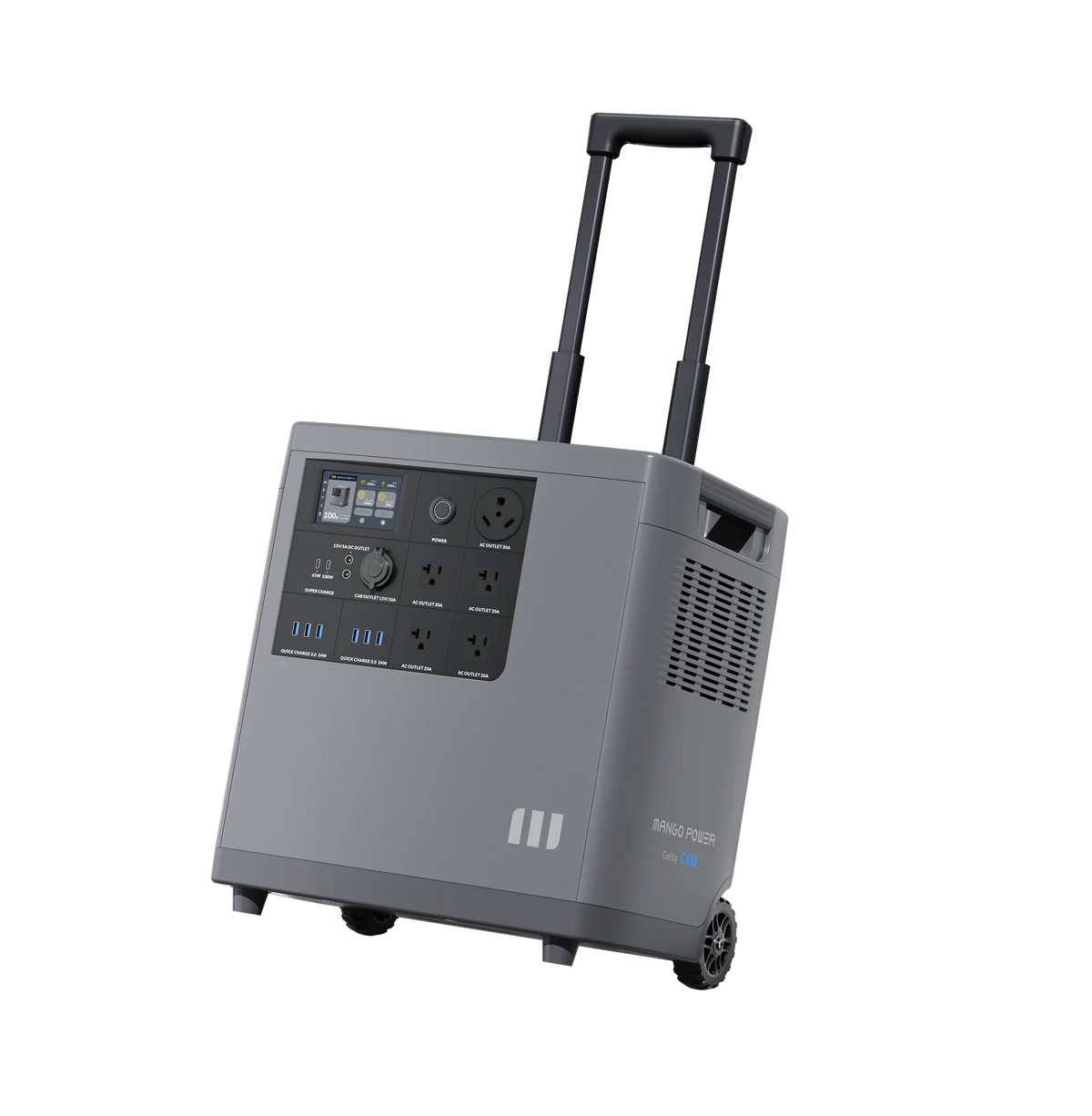 The Mango Power portable power station features LFP battery cells, a retractable handle with wheels, multiple power outlets, USB ports, a display screen, and a sleek gray design—making it an ideal home backup solution.