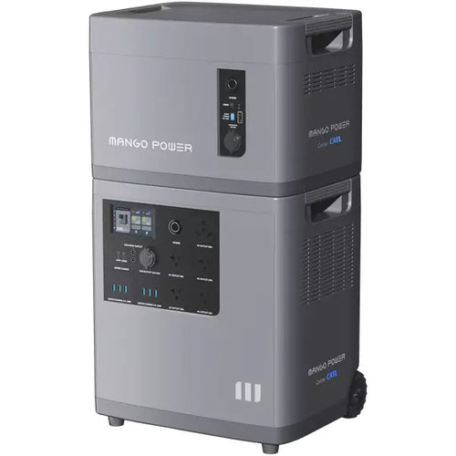 A Mango Power gray portable power station with two stacked units, LFP battery cells, multiple control panels, input/output ports, and ventilation grills—designed to provide reliable backup electricity.
