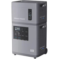 A Mango Power gray portable power station with two stacked units, LFP battery cells, multiple control panels, input/output ports, and ventilation grills—designed to provide reliable backup electricity.