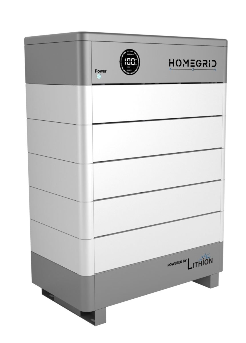 The Homegrid modular battery system is a rectangular, white and gray unit with a circular digital display and Powered by Lithion label, providing expandable energy storage for dependable whole-home backup power.
