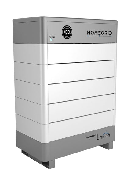 The Homegrid modular battery system is a rectangular, white and gray unit with a circular digital display and Powered by Lithion label, providing expandable energy storage for dependable whole-home backup power.