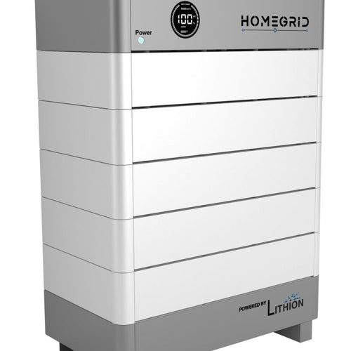 A white and gray rectangular Sol-Ark HOMEGRID Modular Home Battery storage unit with a digital display and power indicator on the front, designed for efficient renewable energy management.