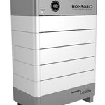 A sleek, modern rectangular white and gray modular battery system from Homegrid labeled with a circular display at 100%. Powered by Lithion appears below. Perfect for whole-home backup and all your energy needs.