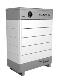 The Homegrid rectangular home battery system in white and gray features a digital display, Powered by Lithion branding on the lower front, and a modular design for flexible full-home backup power.